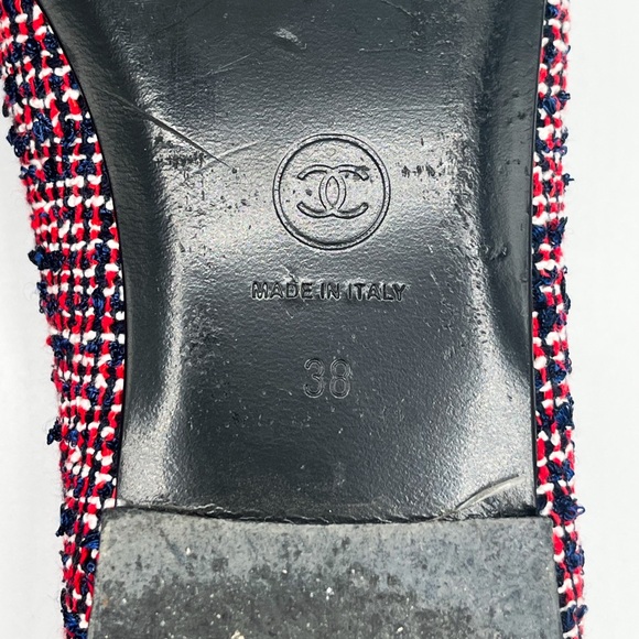 Chanel Navy Red Tweed Leather Interlocking CC Cap Toe Ballet Flats Size 38 - Picture 8 of 8